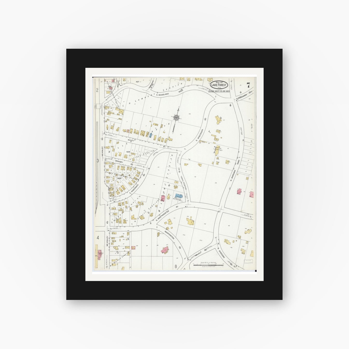 Old map wall art mockup — black gallery frame with white mat — Sanborn Fire Insurance Map from Lake Forest, Lake County, Illinois (1917), Sheet #0007