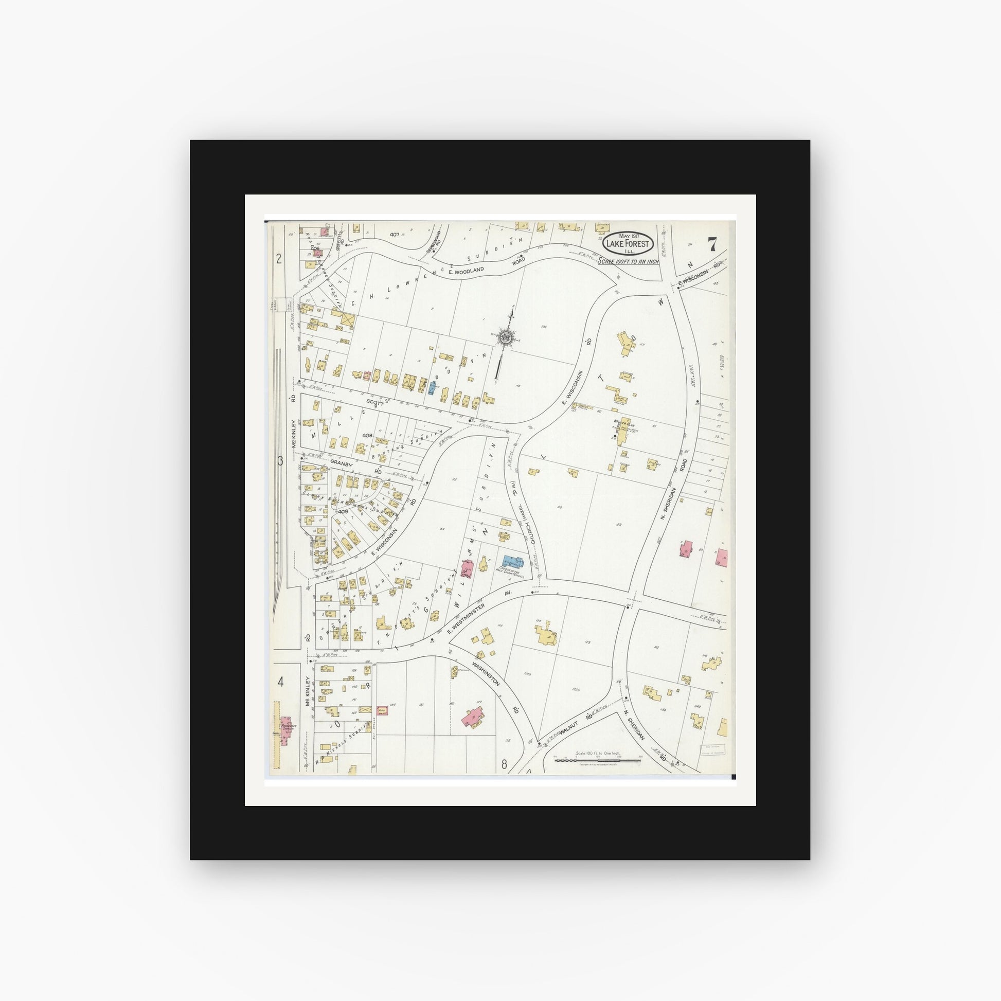 Old map wall art mockup — black gallery frame with white mat — Sanborn Fire Insurance Map from Lake Forest, Lake County, Illinois (1917), Sheet #0007