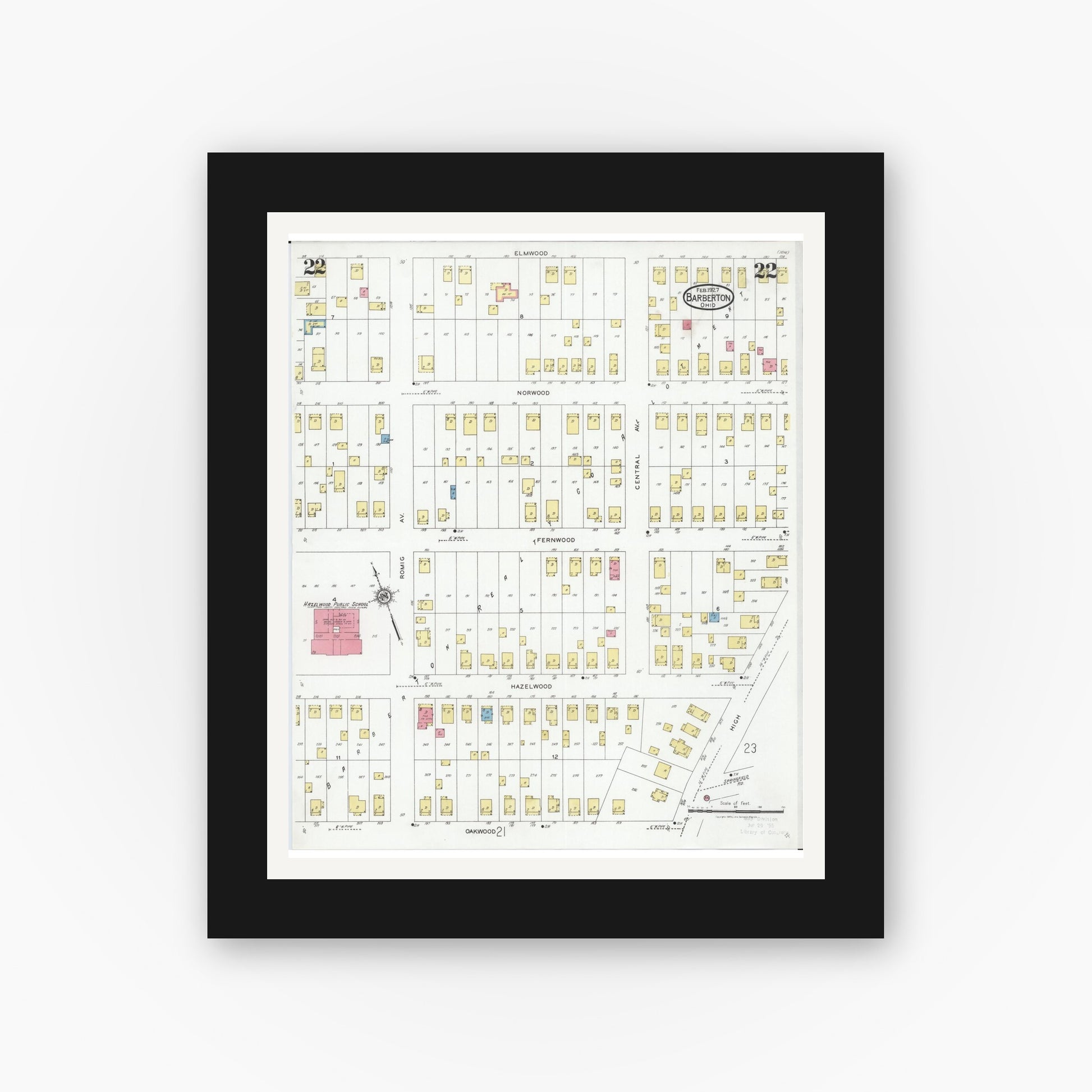 Old map wall art mockup — black gallery frame with white mat — Sanborn Fire Insurance Map from Barberton, Summit County, Ohio (1927), Sheet #0022