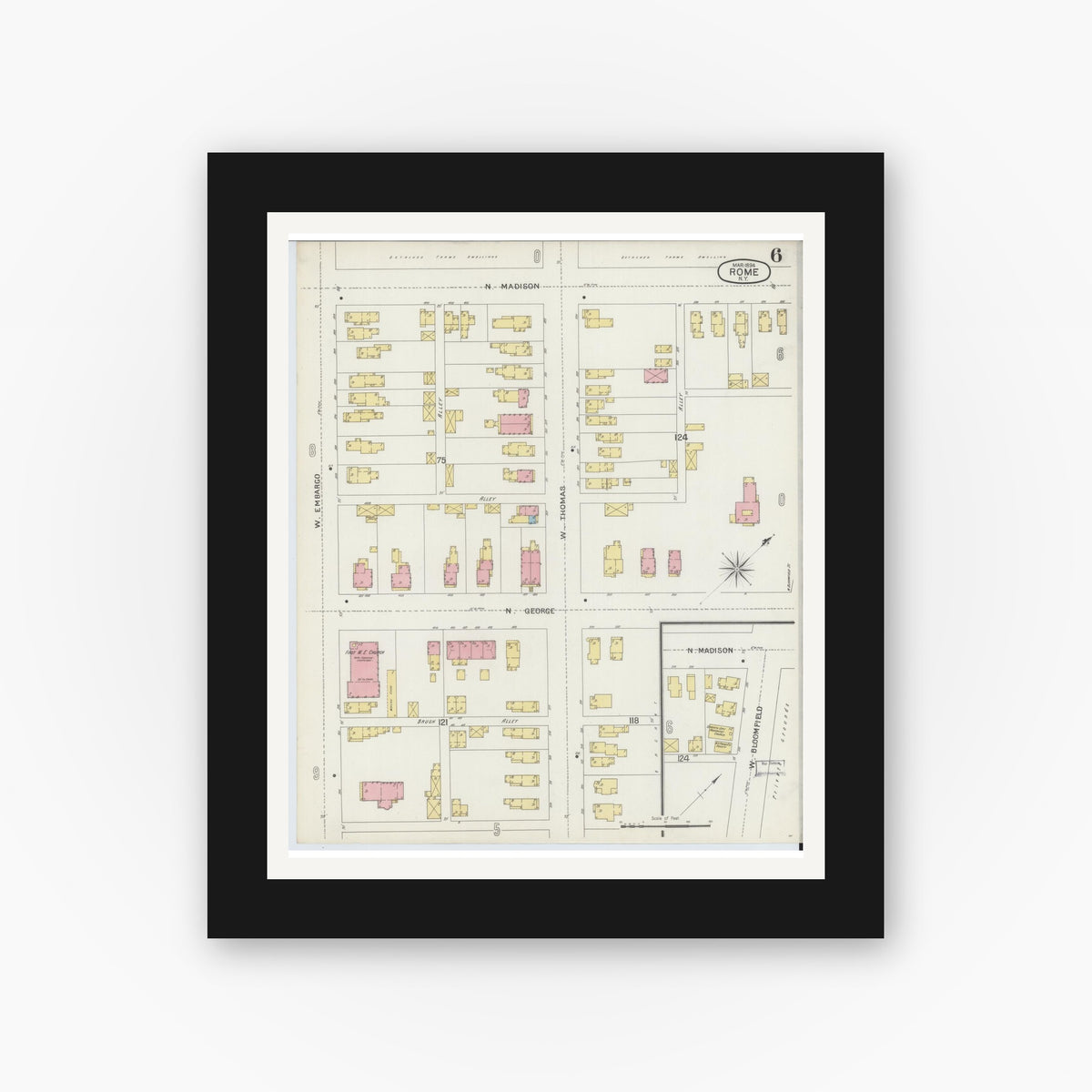 Old map wall art mockup — black gallery frame with white mat — Sanborn Fire Insurance Map from Rome, Oneida County, New York (1894), Sheet #0006