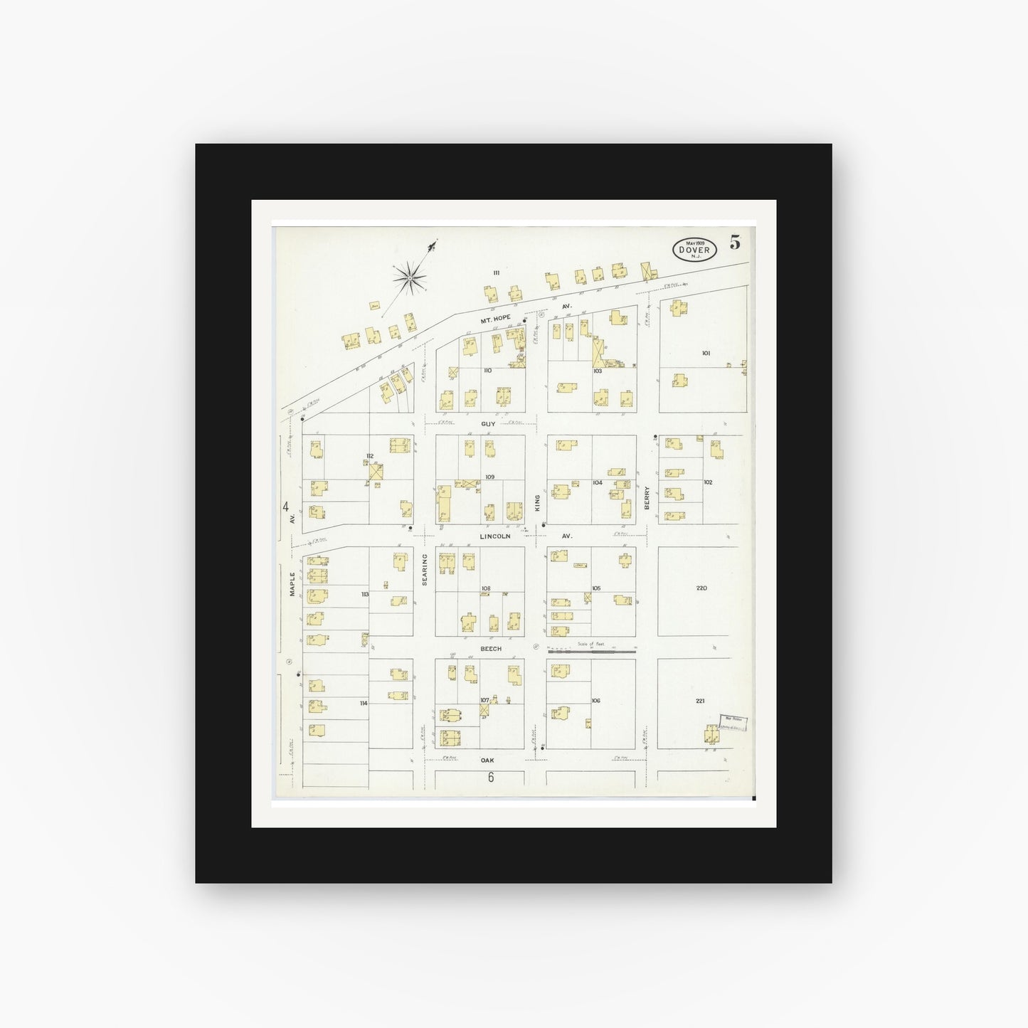 Old map wall art mockup — black gallery frame with white mat — Sanborn Fire Insurance Map from Dover, Morris County, New Jersey (1909), Sheet #0005
