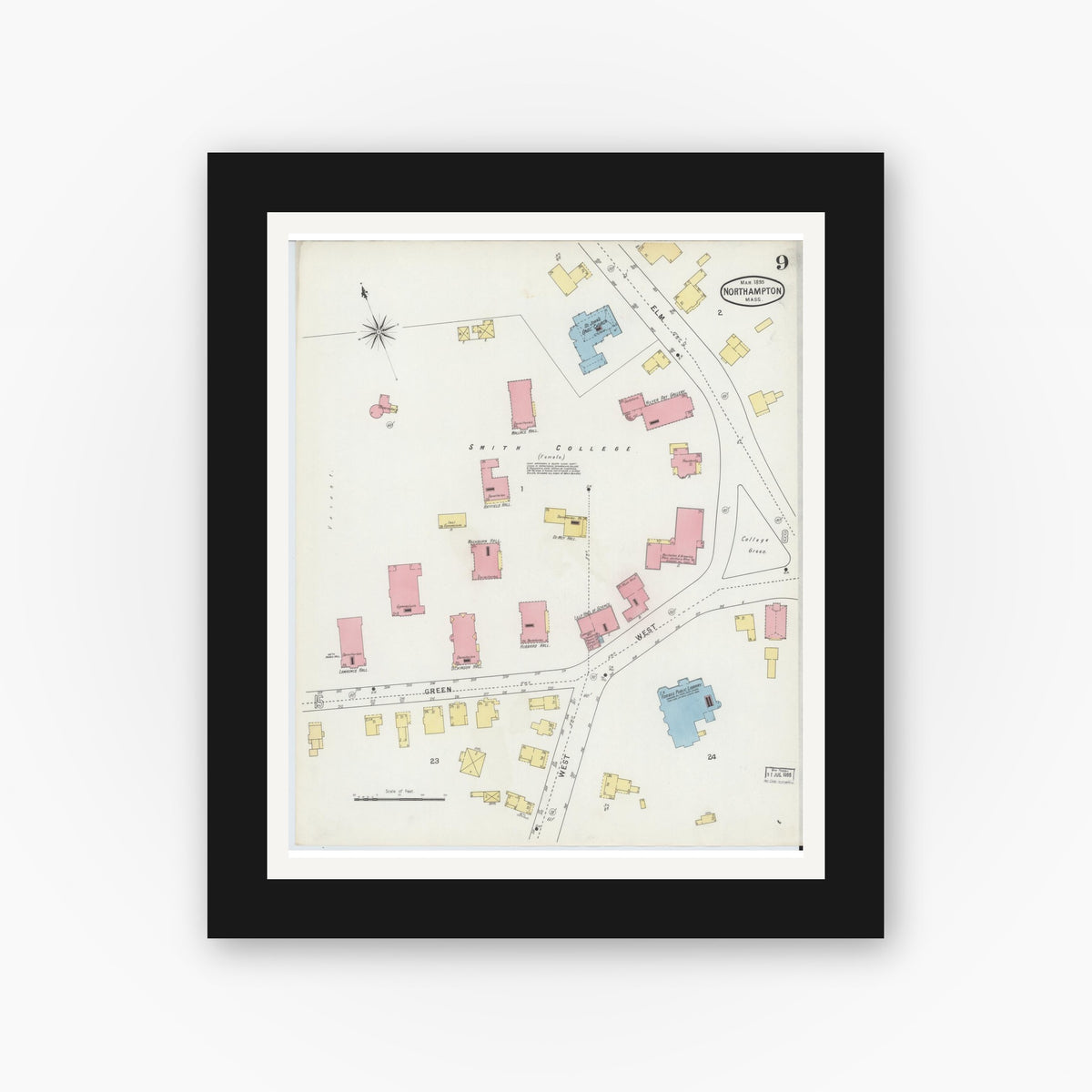 Old map wall art mockup — black gallery frame with white mat — Sanborn Fire Insurance Map from Northampton, Hampshire County, Massachusetts (1895), Sheet #0009