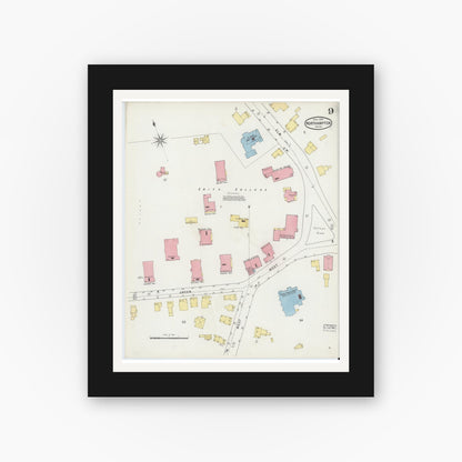 Old map wall art mockup — black gallery frame with white mat — Sanborn Fire Insurance Map from Northampton, Hampshire County, Massachusetts (1895), Sheet #0009
