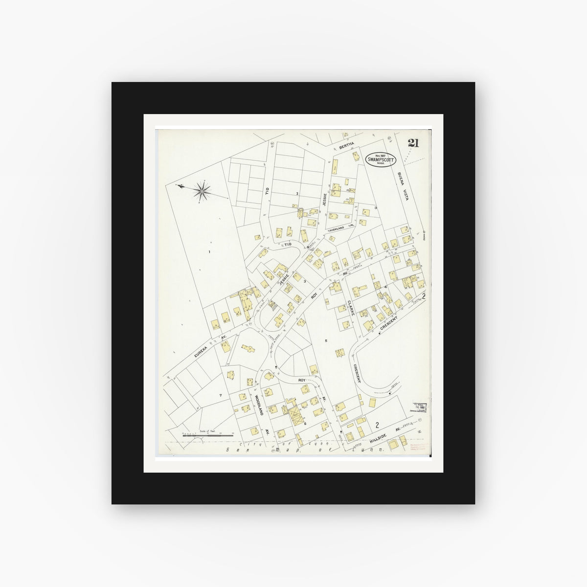 Old map wall art mockup — black gallery frame with white mat — Sanborn Fire Insurance Map from Swampscott, Essex County, Massachusetts (1907), Sheet #0021