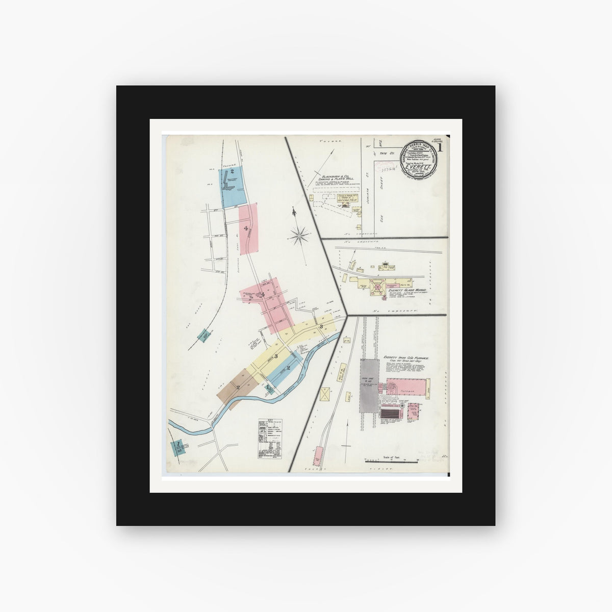 Old map wall art mockup — black gallery frame with white mat — Sanborn Fire Insurance Map from Everett, Bedford County, Pennsylvania (1891) - Complete Map Set