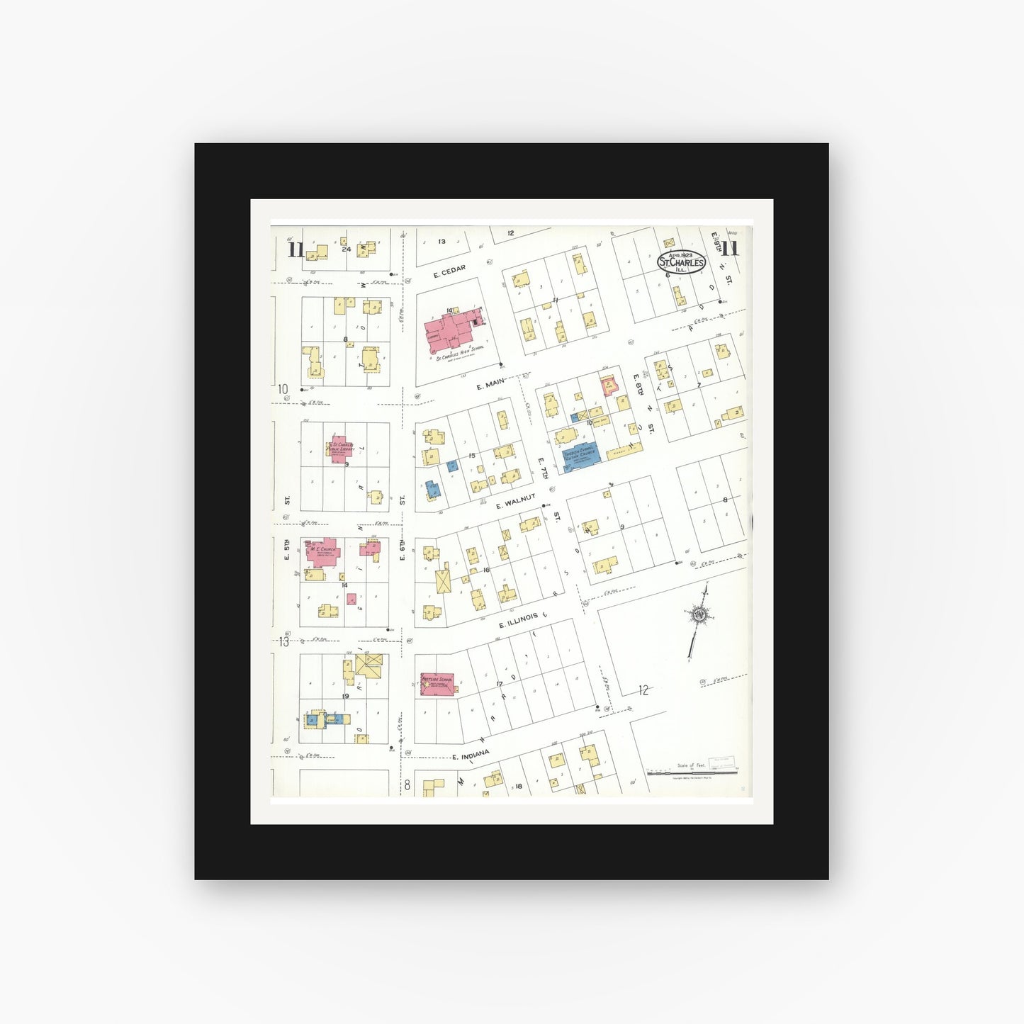 Old map wall art mockup — black gallery frame with white mat — Sanborn Fire Insurance Map from Saint Charles, Kane County, Illinois (1923), Sheet #0011