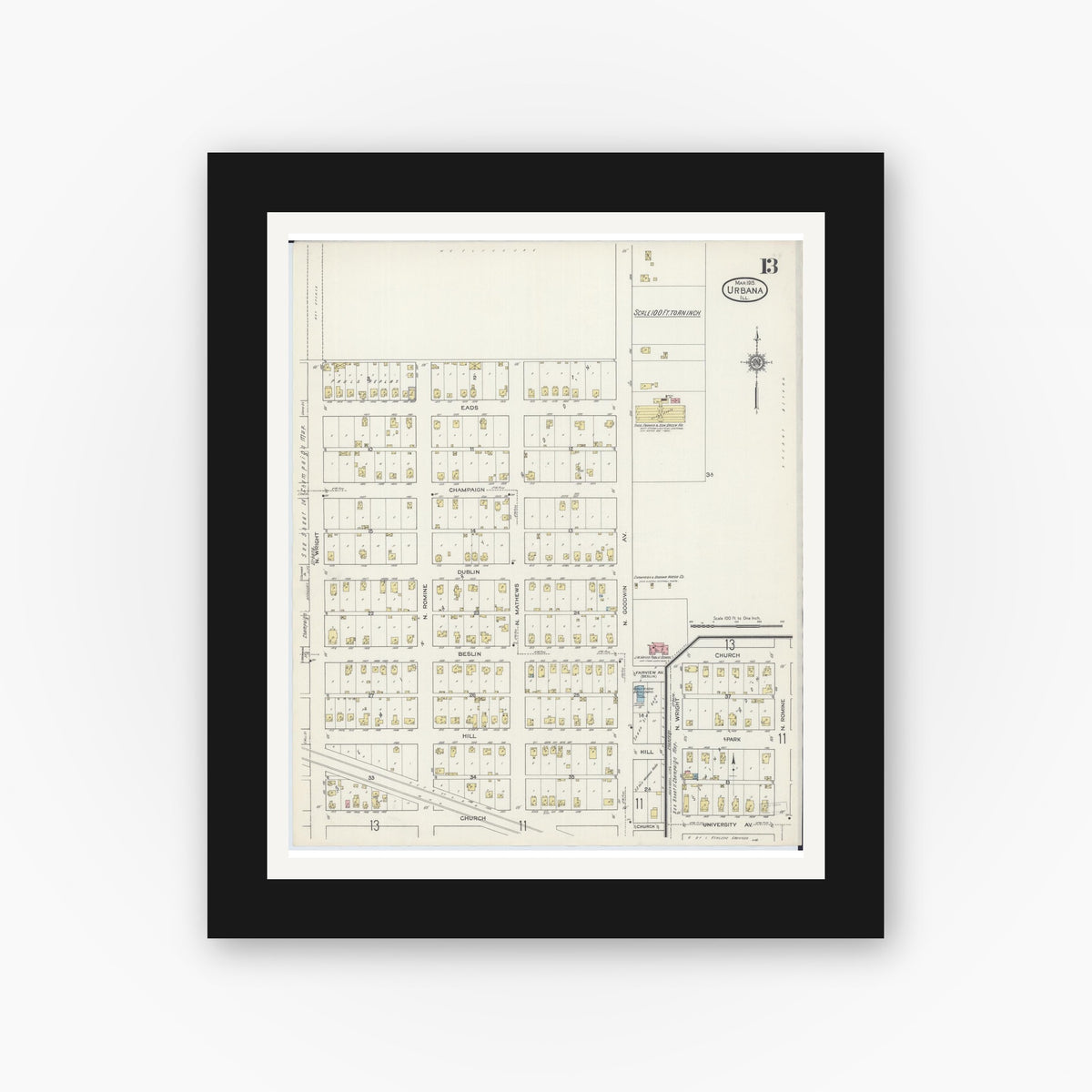 Old map wall art mockup — black gallery frame with white mat — Sanborn Fire Insurance Map from Urbana, Champaign County, Illinois (1915), Sheet #0013