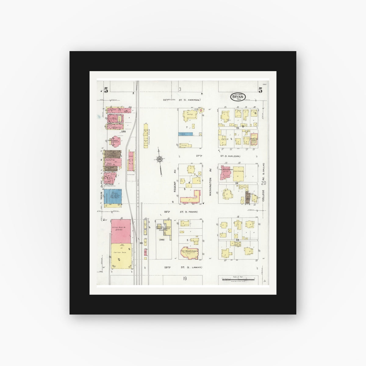 Old map wall art mockup — black gallery frame with white mat — Sanborn Fire Insurance Map from Bryan, Brazos County, Texas (1925), Sheet #0005