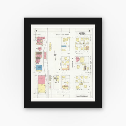 Old map wall art mockup — black gallery frame with white mat — Sanborn Fire Insurance Map from Bryan, Brazos County, Texas (1925), Sheet #0005