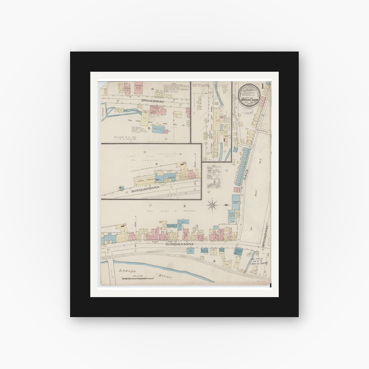 Old map wall art mockup — black gallery frame with white mat — Sanborn Fire Insurance Map from Mauch Chunk, Carbon County, Pennsylvania (1885), Sheet #0001
