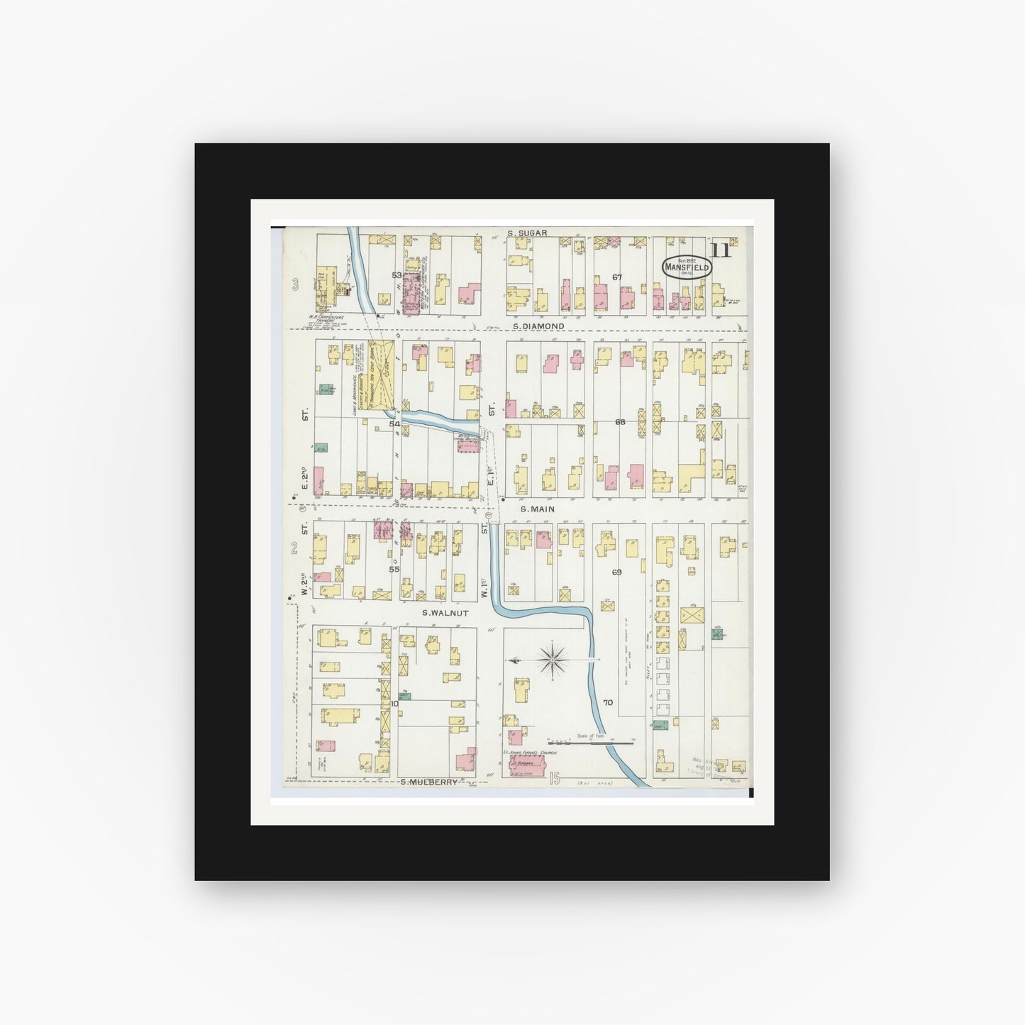Old map wall art mockup — black gallery frame with white mat — Sanborn Fire Insurance Map from Mansfield, Richland County, Ohio (1892), Sheet #0011