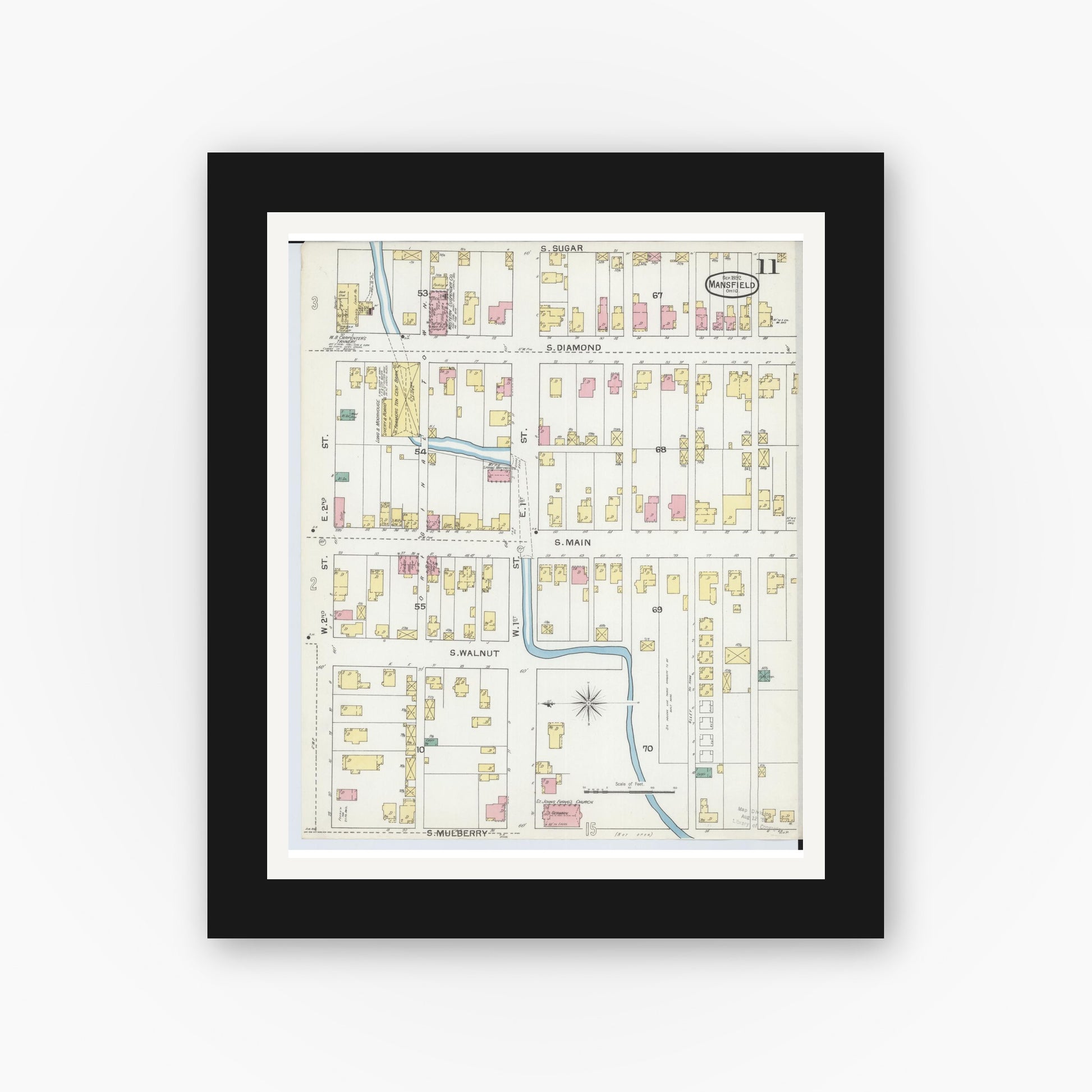 Old map wall art mockup — black gallery frame with white mat — Sanborn Fire Insurance Map from Mansfield, Richland County, Ohio (1892), Sheet #0011