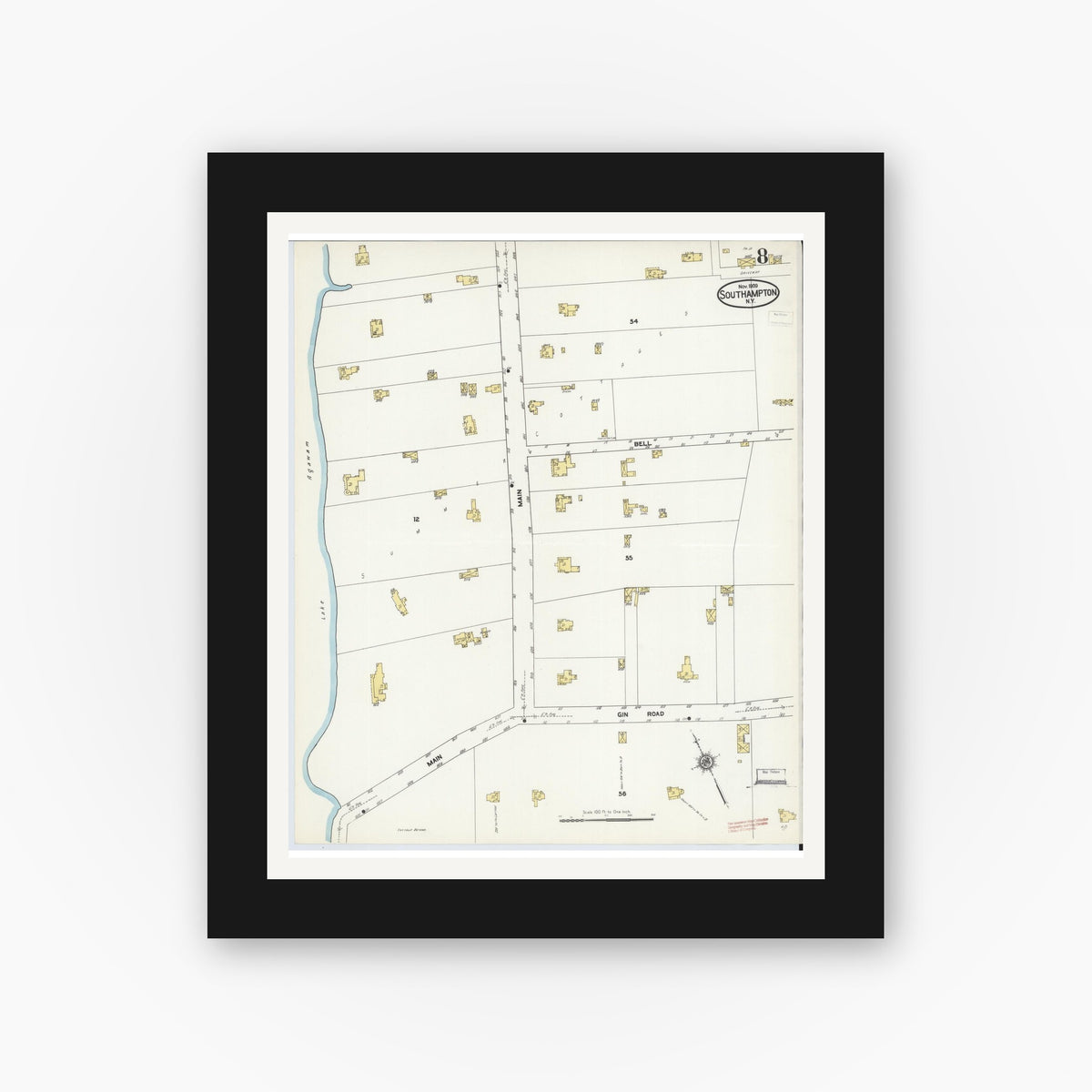 Old map wall art mockup — black gallery frame with white mat — Sanborn Fire Insurance Map from Southampton, Suffolk County, New York (1909), Sheet #0008