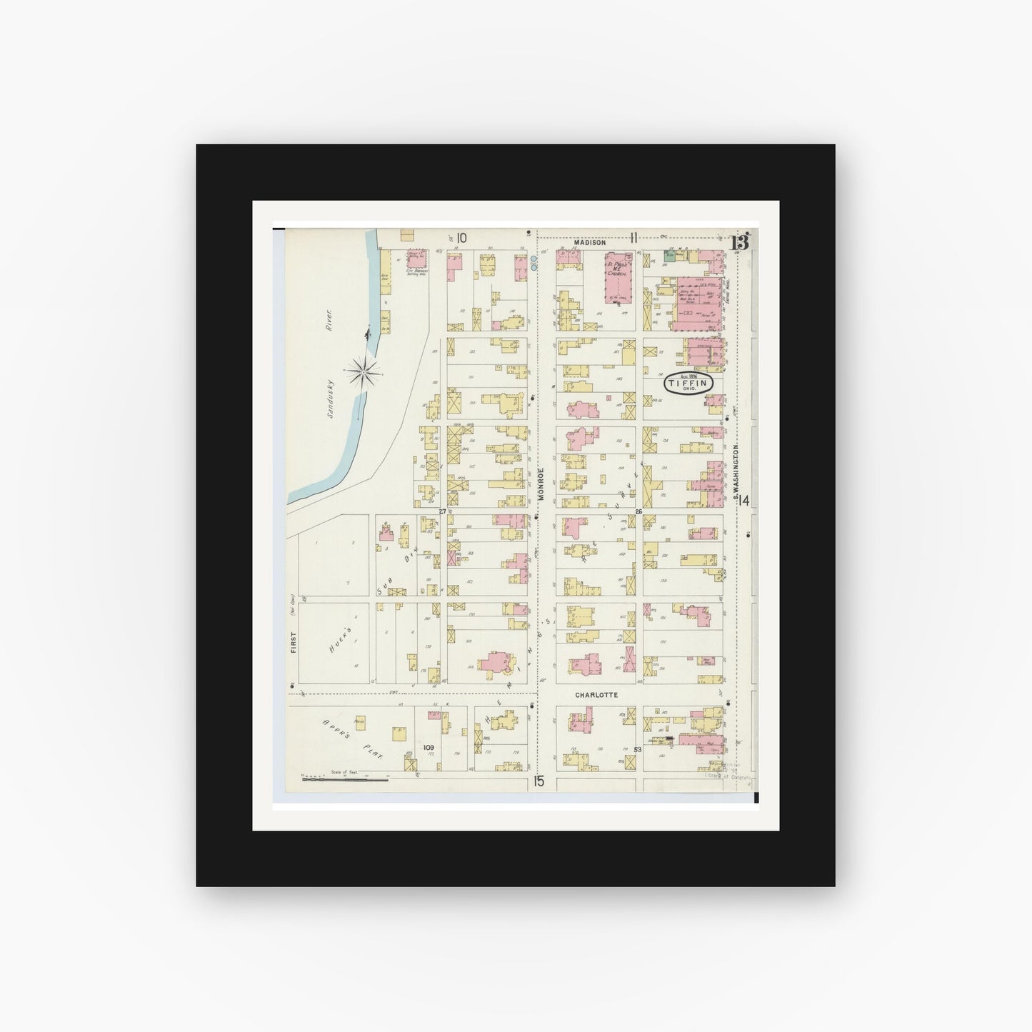 Old map wall art mockup — black gallery frame with white mat — Sanborn Fire Insurance Map from Tiffin, Seneca County, Ohio (1896), Sheet #0013