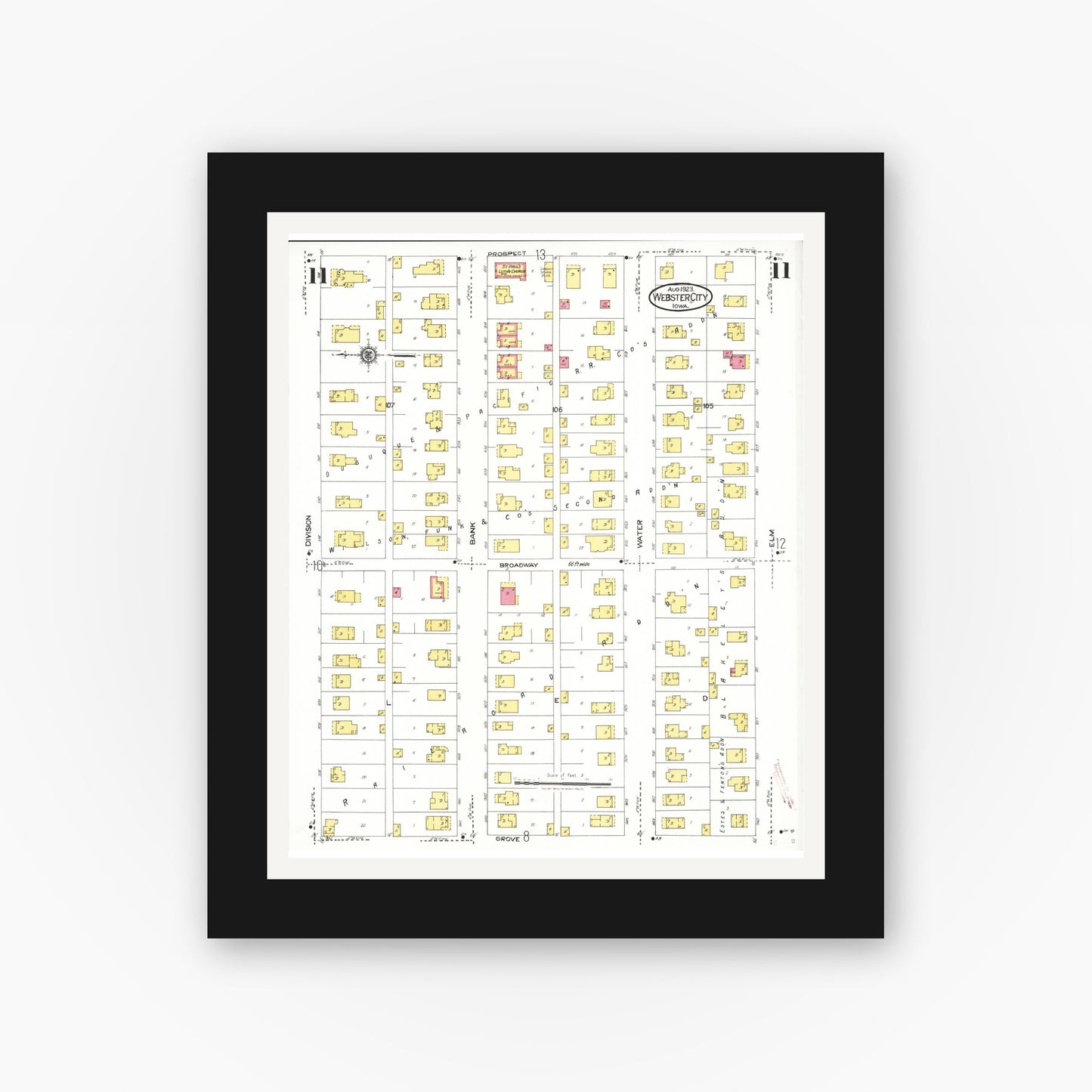 Old map wall art mockup — black gallery frame with white mat — Sanborn Fire Insurance Map from Webster City, Hamilton County, Iowa (1923), Sheet #0011