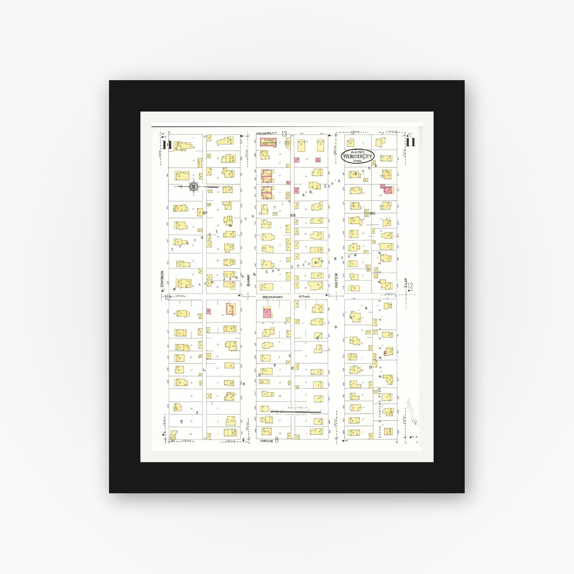 Old map wall art mockup — black gallery frame with white mat — Sanborn Fire Insurance Map from Webster City, Hamilton County, Iowa (1923), Sheet #0011