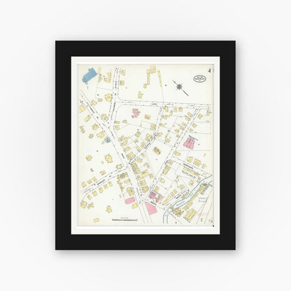 Old map wall art mockup — black gallery frame with white mat — Sanborn Fire Insurance Map from Warwick, Orange County, New York (1910), Sheet #0004