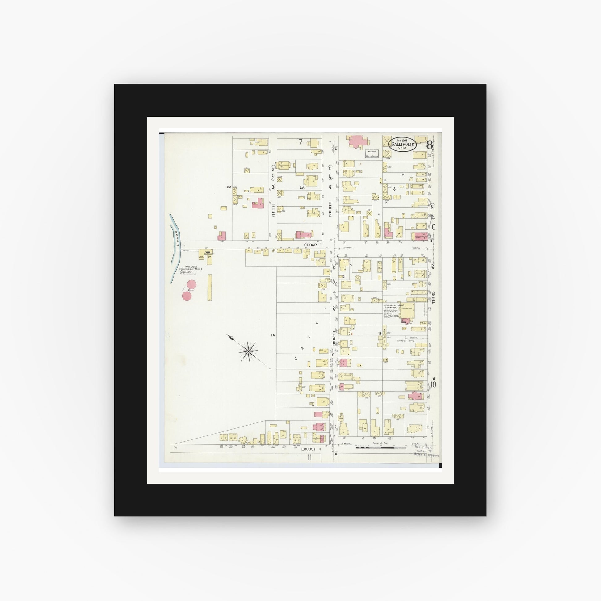 Old map wall art mockup — black gallery frame with white mat — Sanborn Fire Insurance Map from Gallipolis, Gallia County, Ohio (1908), Sheet #0008
