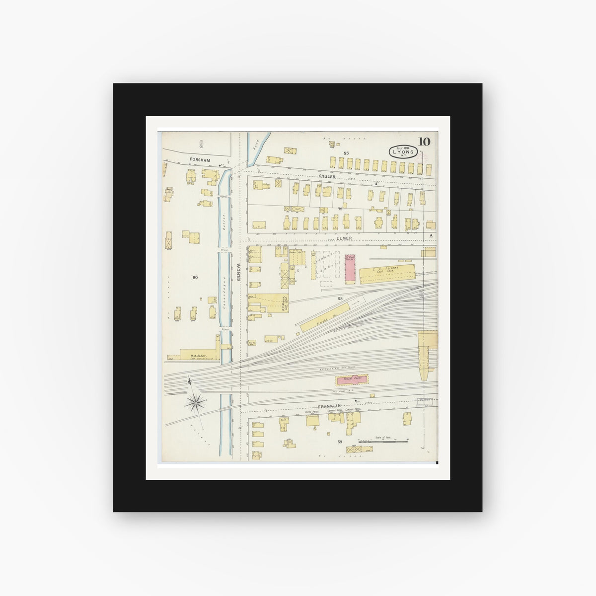 Old map wall art mockup — black gallery frame with white mat — Sanborn Fire Insurance Map from Lyons, Wayne County, New York (1894), Sheet #0010