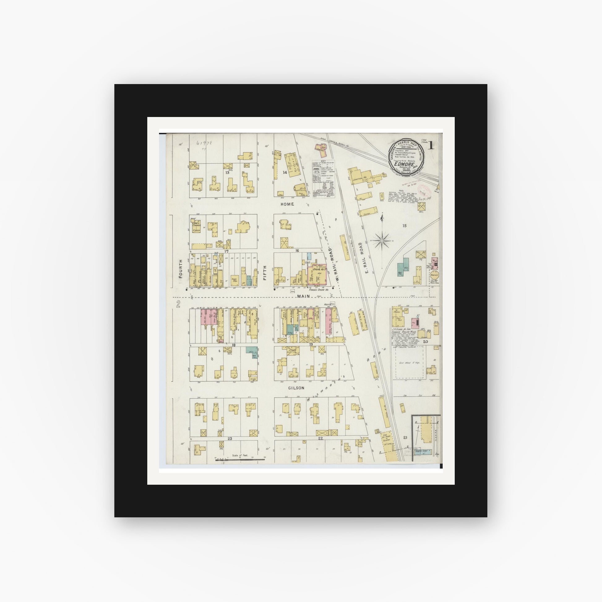 Old map wall art mockup — black gallery frame with white mat — Sanborn Fire Insurance Map from Edmore, Montcalm County, Michigan (1894) - Complete Map Set
