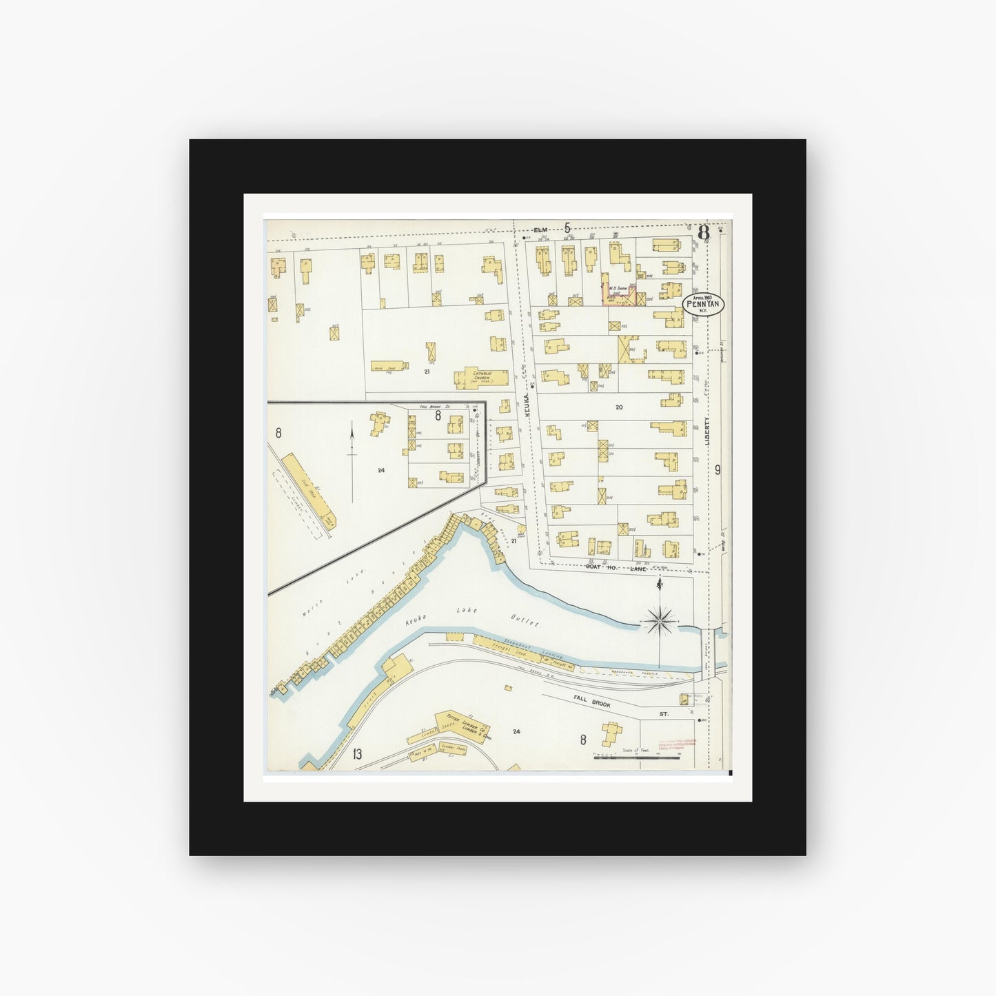 Old map wall art mockup — black gallery frame with white mat — Sanborn Fire Insurance Map from Penn Yan, Yates County, New York (1903), Sheet #0008