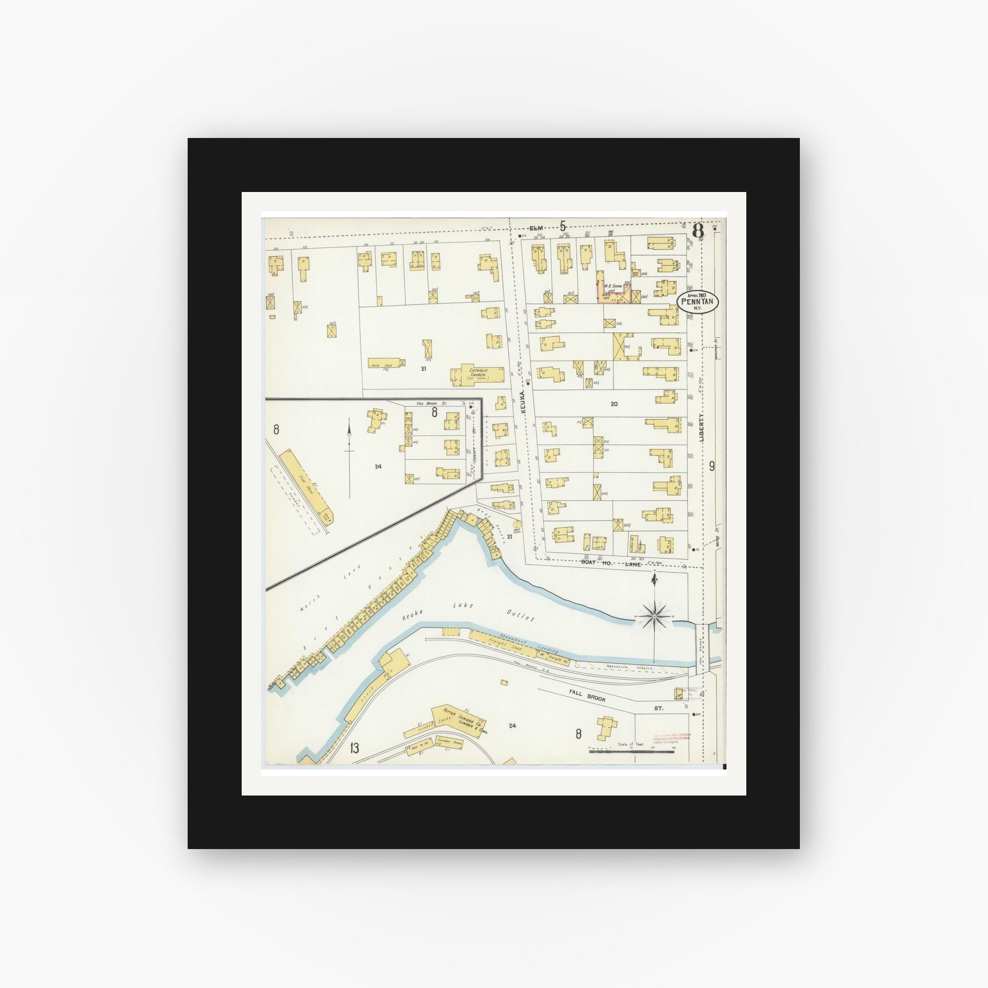 Old map wall art mockup — black gallery frame with white mat — Sanborn Fire Insurance Map from Penn Yan, Yates County, New York (1903), Sheet #0008