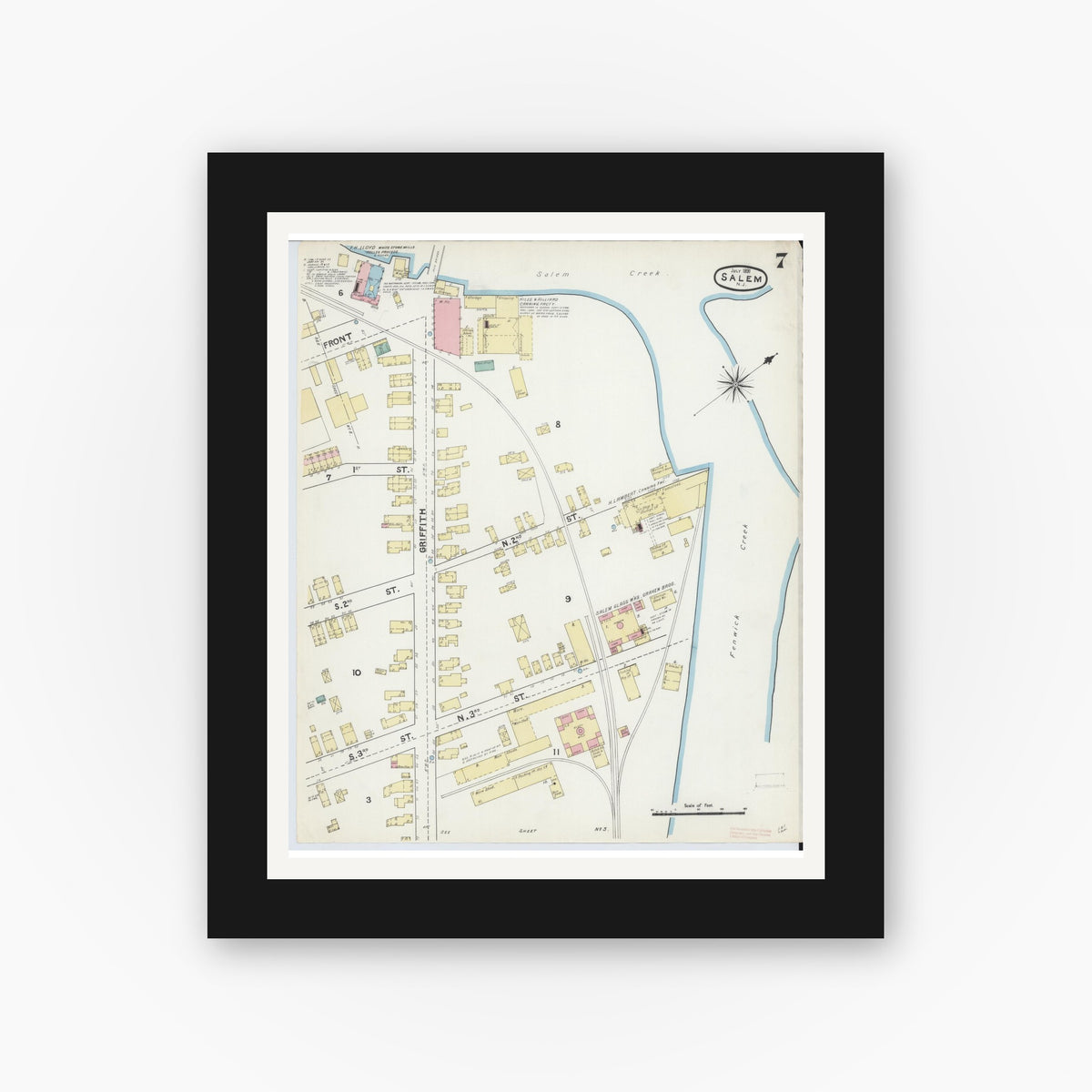 Old map wall art mockup — black gallery frame with white mat — Sanborn Fire Insurance Map from Salem, Salem County, New Jersey (1891), Sheet #0007