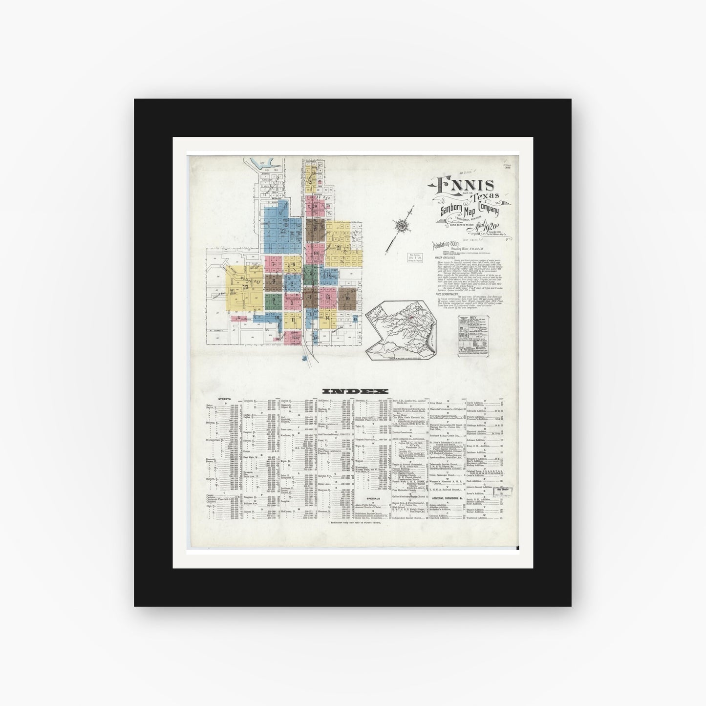 Old map wall art mockup — black gallery frame with white mat — Sanborn Fire Insurance Map from Ennis, Ellis County, Texas (1920), Sheet #0001