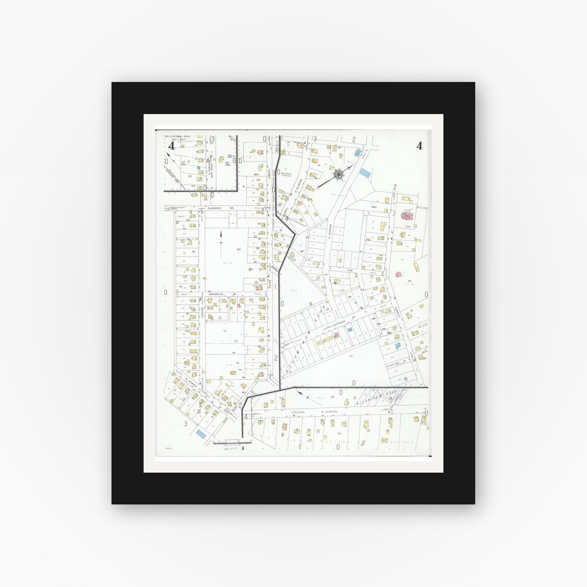 Old map wall art mockup — black gallery frame with white mat — Sanborn Fire Insurance Map from Doylestown, Wayne County, Ohio (1947), Sheet #0004