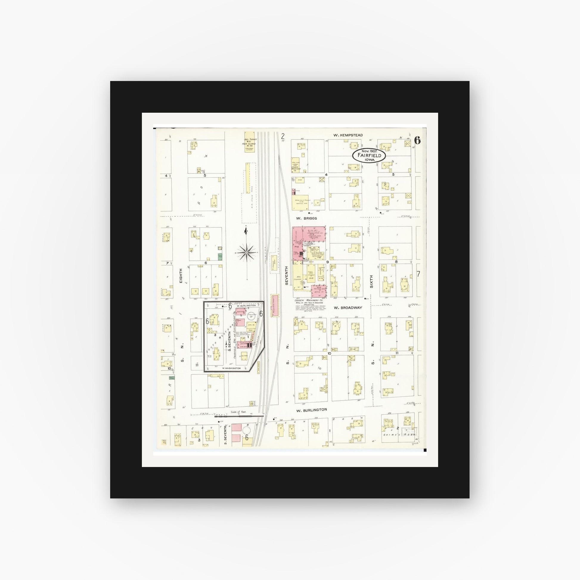 Old map wall art mockup — black gallery frame with white mat — Sanborn Fire Insurance Map from Fairfield, Jefferson County, Iowa (1907), Sheet #0006