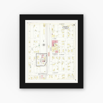 Old map wall art mockup — black gallery frame with white mat — Sanborn Fire Insurance Map from Fairfield, Jefferson County, Iowa (1907), Sheet #0006