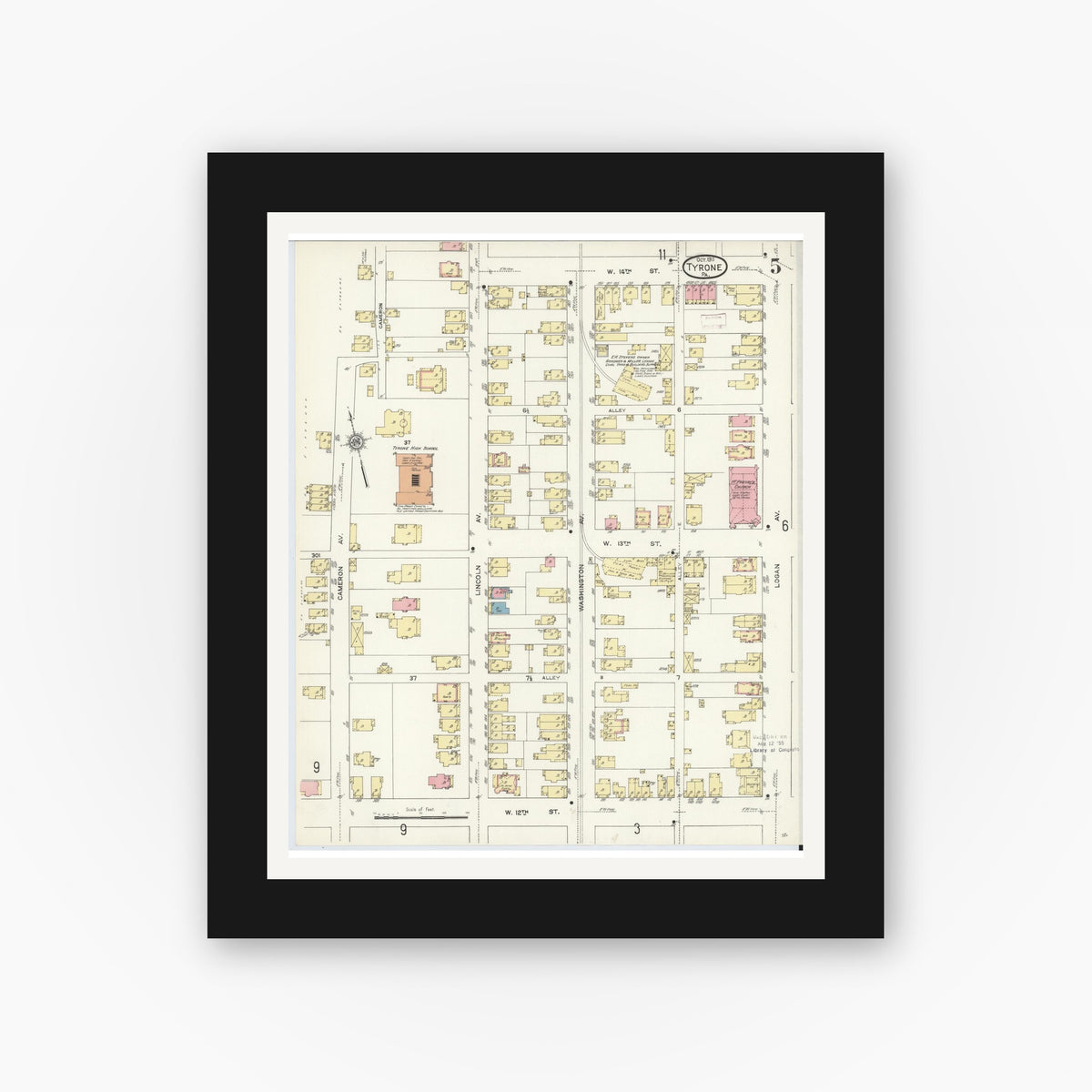 Old map wall art mockup — black gallery frame with white mat — Sanborn Fire Insurance Map from Tyrone, Blair County, Pennsylvania (1911), Sheet #0005