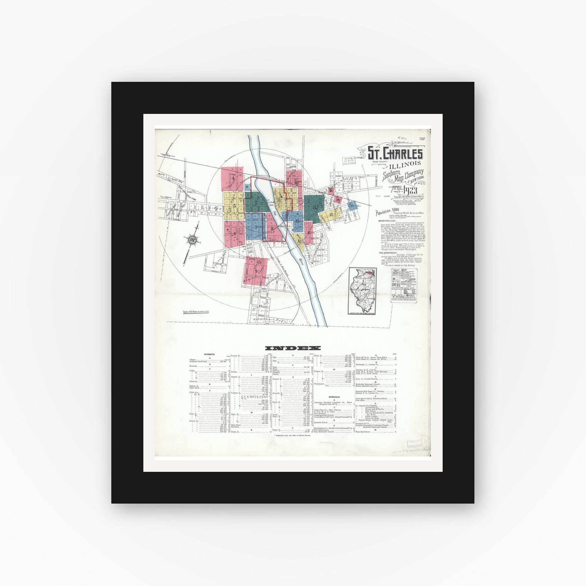 Old map wall art mockup — black gallery frame with white mat — Sanborn Fire Insurance Map from Saint Charles, Kane County, Illinois (1923) - Complete Map Set