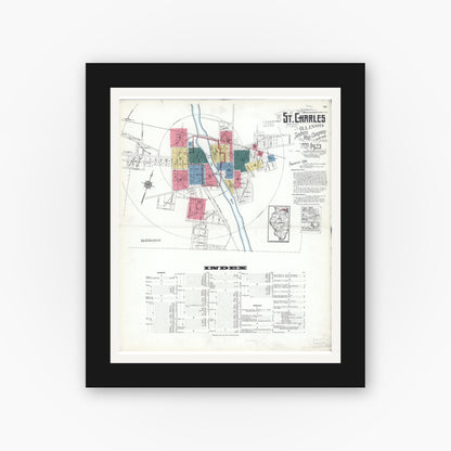 Old map wall art mockup — black gallery frame with white mat — Sanborn Fire Insurance Map from Saint Charles, Kane County, Illinois (1923) - Complete Map Set