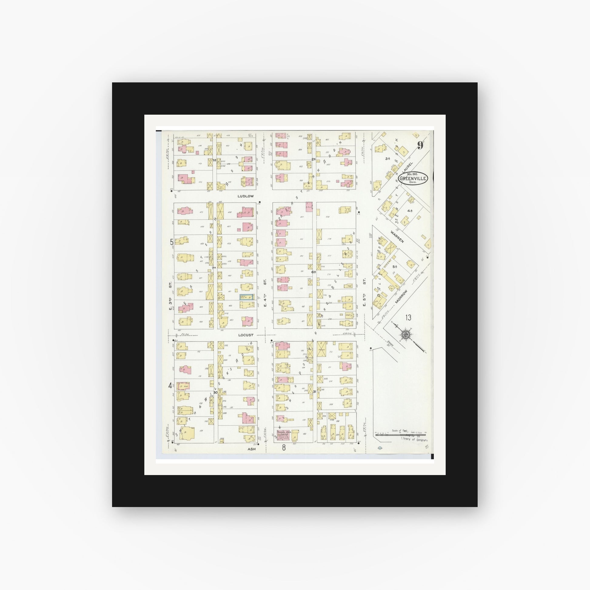 Old map wall art mockup — black gallery frame with white mat — Sanborn Fire Insurance Map from Greenville, Darke County, Ohio (1910), Sheet #0009