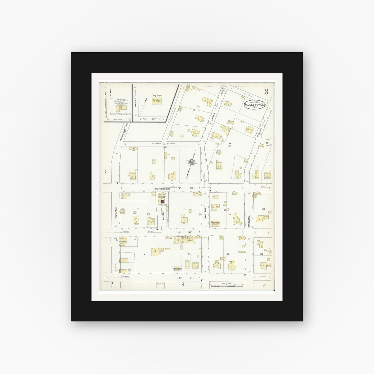 Old map wall art mockup — black gallery frame with white mat — Sanborn Fire Insurance Map from Hallettsville, Lavaca County, Texas (1912), Sheet #0003