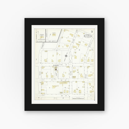 Old map wall art mockup — black gallery frame with white mat — Sanborn Fire Insurance Map from Hallettsville, Lavaca County, Texas (1912), Sheet #0003