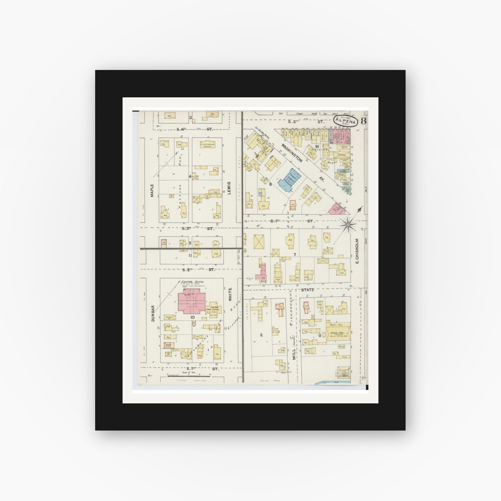 Old map wall art mockup — black gallery frame with white mat — Sanborn Fire Insurance Map from Alpena, Alpena County, Michigan (1890), Sheet #0008