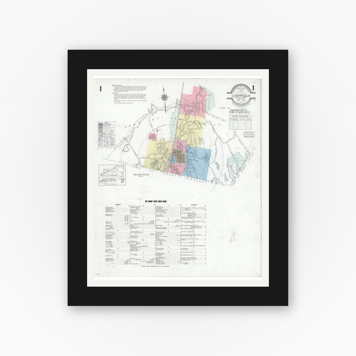 Old map wall art mockup — black gallery frame with white mat — Sanborn Fire Insurance Map from Chappaqua, Westchester County, New York (1939) - Complete Map Set