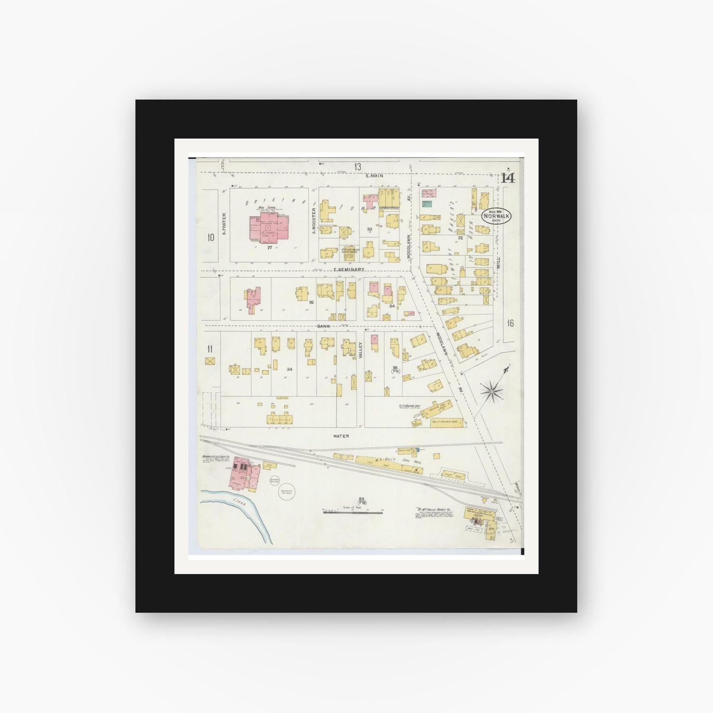 Old map wall art mockup — black gallery frame with white mat — Sanborn Fire Insurance Map from Norwalk, Huron County, Ohio (1906), Sheet #0014