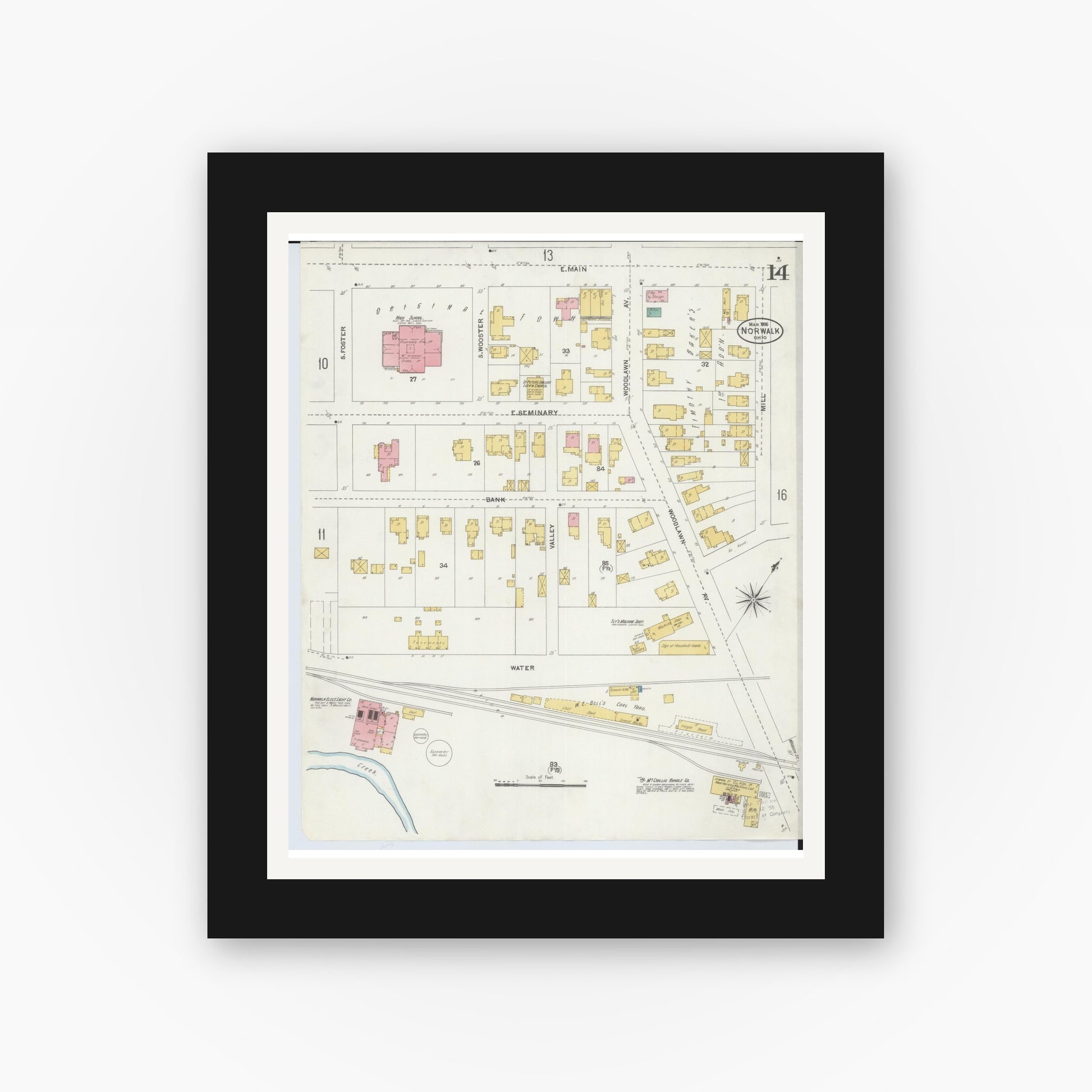 Old map wall art mockup — black gallery frame with white mat — Sanborn Fire Insurance Map from Norwalk, Huron County, Ohio (1906), Sheet #0014