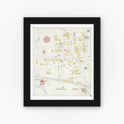 Old map wall art mockup — black gallery frame with white mat — Sanborn Fire Insurance Map from Norwalk, Huron County, Ohio (1906), Sheet #0014