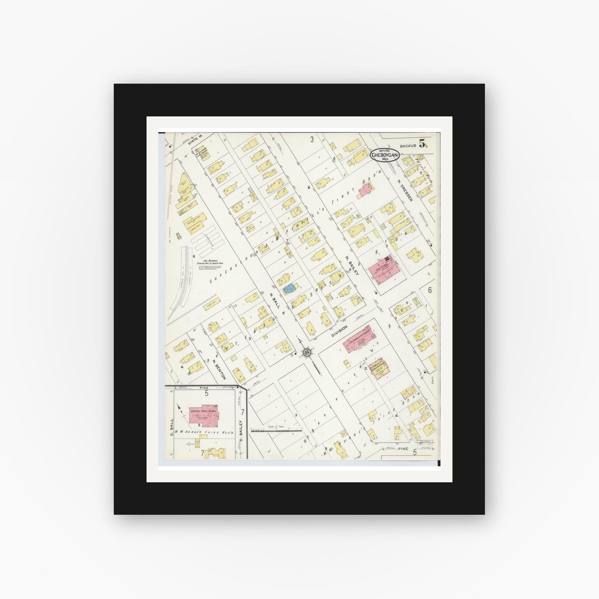 Old map wall art mockup — black gallery frame with white mat — Sanborn Fire Insurance Map from Cheboygan, Cheboygan County, Michigan (1915), Sheet #0005