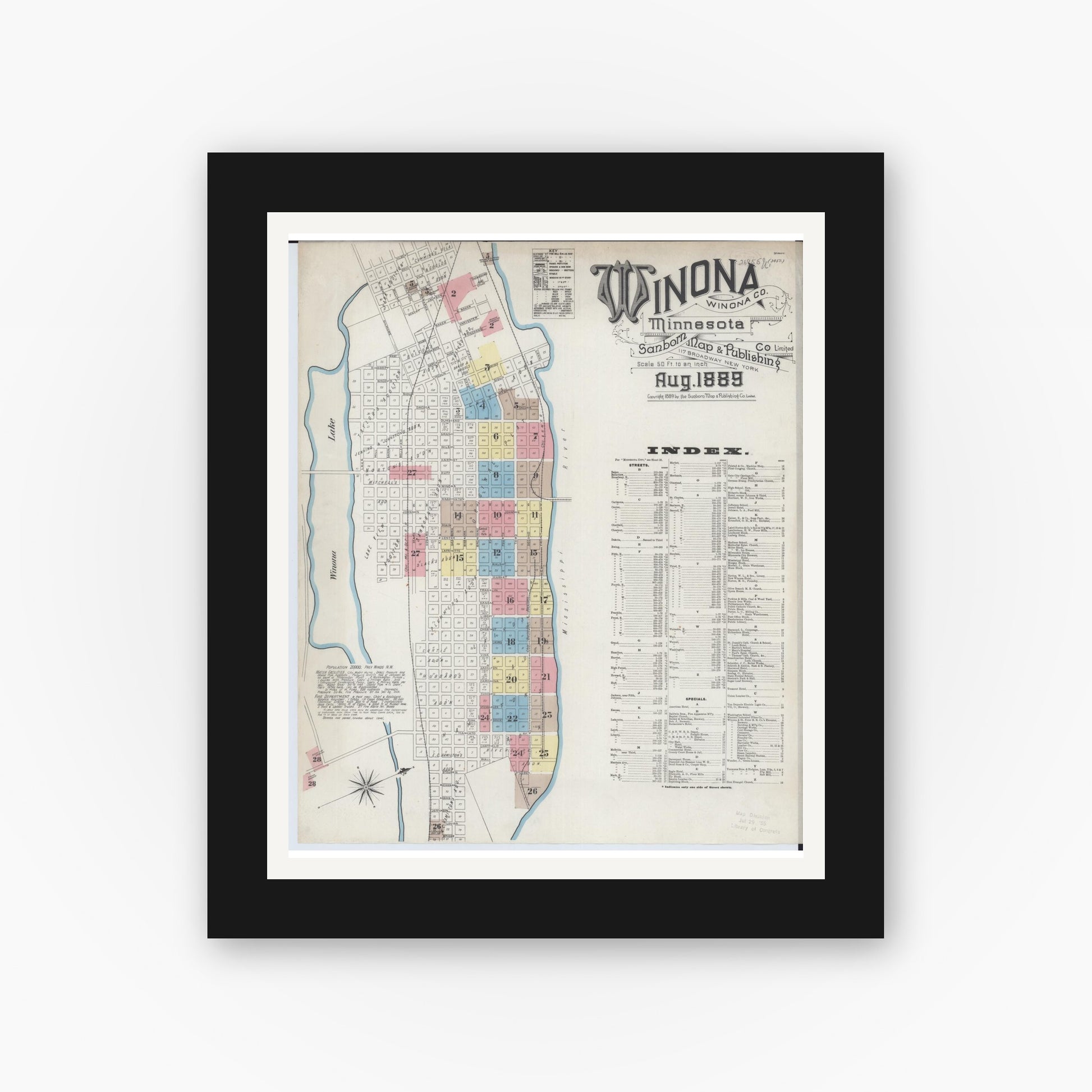 Old map wall art mockup — black gallery frame with white mat — Sanborn Fire Insurance Map from Winona, Winona County, Minnesota (1889) - Complete Map Set