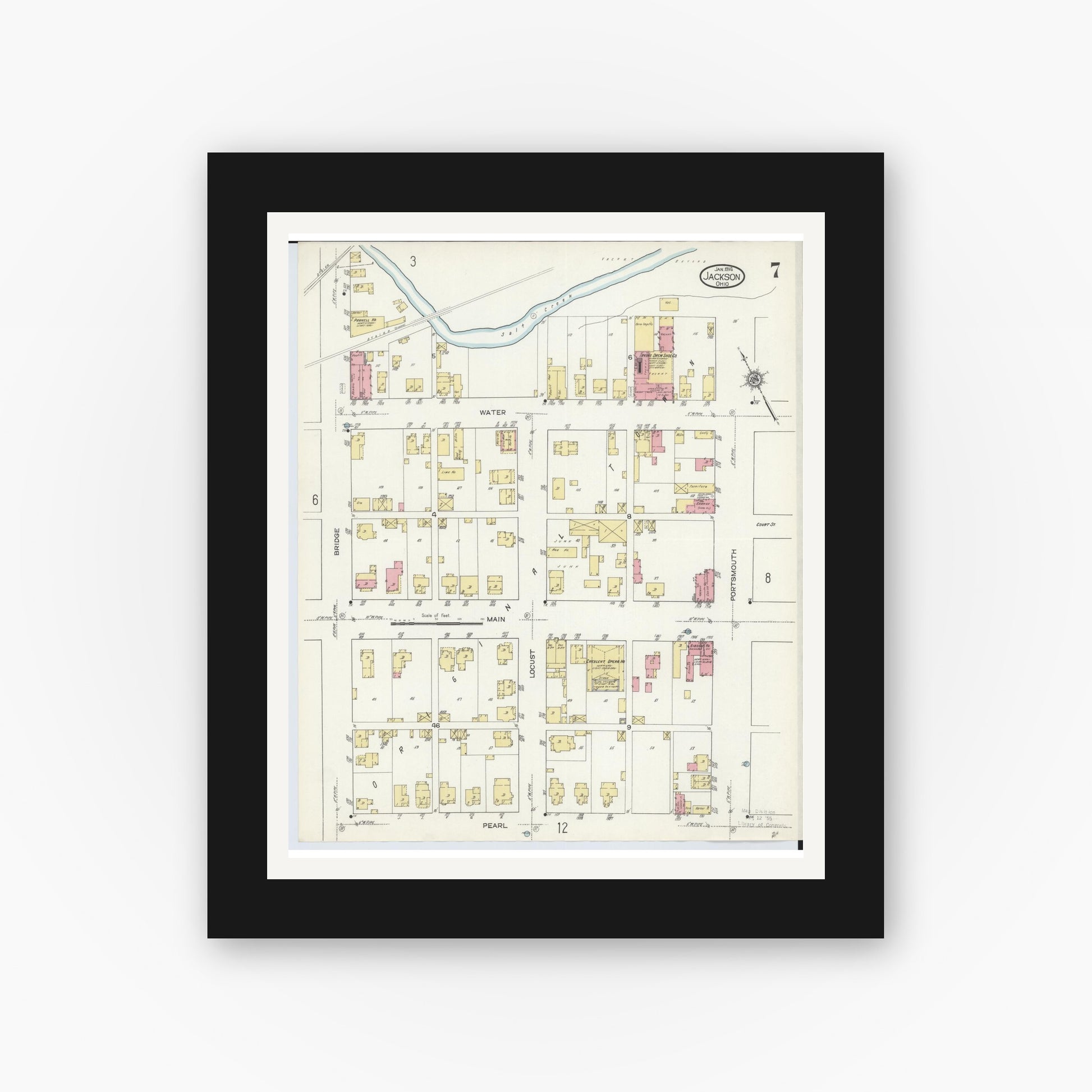 Old map wall art mockup — black gallery frame with white mat — Sanborn Fire Insurance Map from Jackson, Jackson County, Ohio (1914), Sheet #0007