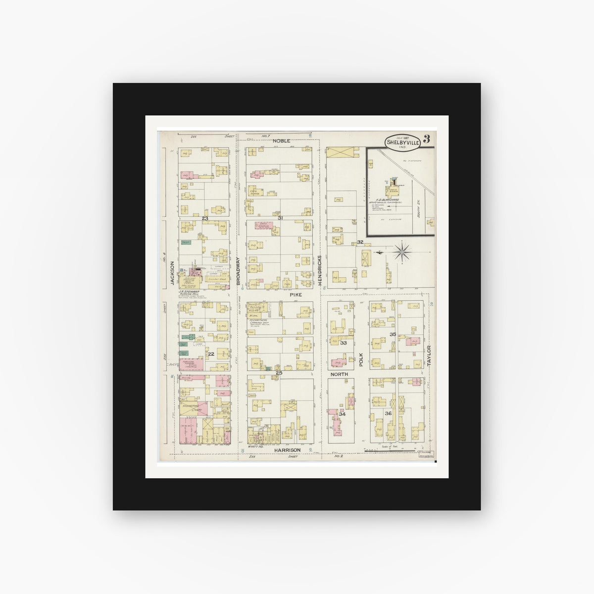 Old map wall art mockup — black gallery frame with white mat — Sanborn Fire Insurance Map from Shelbyville, Shelby County, Indiana (1887), Sheet #0003
