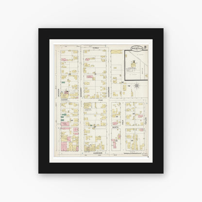 Old map wall art mockup — black gallery frame with white mat — Sanborn Fire Insurance Map from Shelbyville, Shelby County, Indiana (1887), Sheet #0003