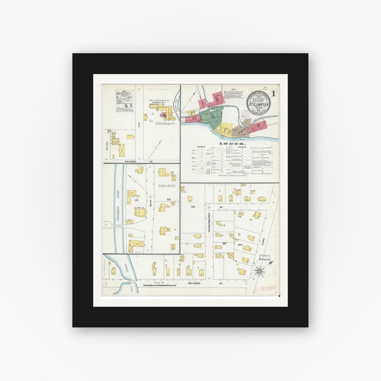 Old map wall art mockup — black gallery frame with white mat — Sanborn Fire Insurance Map from Stillwater, Saratoga County, New York (1902), Sheet #0001