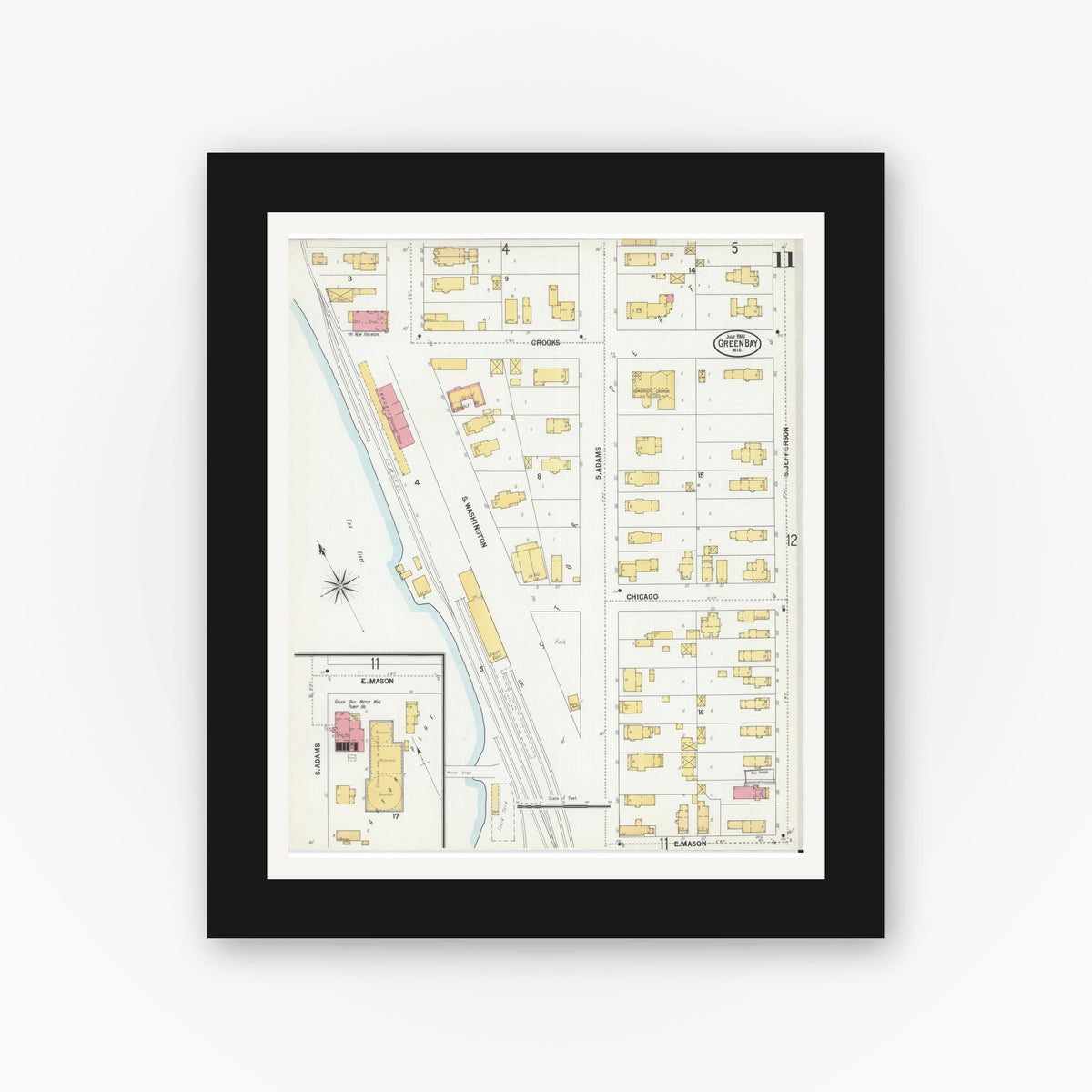 Old map wall art mockup — black gallery frame with white mat — Sanborn Fire Insurance Map from Green Bay, Brown County, Wisconsin (1900), Sheet #0011