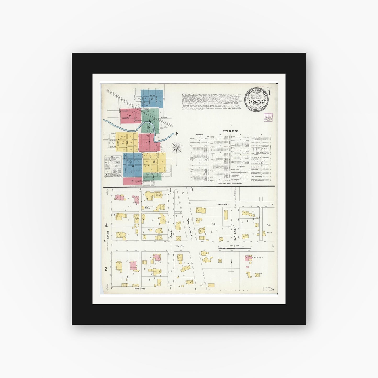 Old map wall art mockup — black gallery frame with white mat — Sanborn Fire Insurance Map from Ligonier, Noble County, Indiana (1907), Sheet #0001